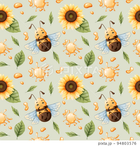 Vector seamless pattern with cartoon bees, honey, sunflowers on a green background. Great for textiles, wallpapers, backgrounds. 94803576