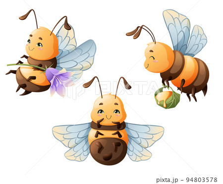 Set of cartoon flying bees. Cute insects with flower and honey. Children s vector illustration for the design of books, clothes, etc Set of cartoon flying bees. Cute insects with flower and honey. Children s vector illustration for the design of books, clothes, etc 94803578