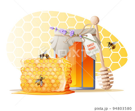 A jar of honey decorated with lavender with a honeycomb and a spoon on a yellow background. Advertising poster, banner background, natural product poster. A jar of honey decorated with lavender with a honeycomb and a spoon on a yellow background. Advertising poster, banner background, natural product poster. 94803580
