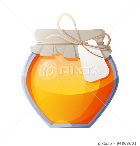 Honey jar on isolated background. Beautiful decoration of honey packaging with a rope with a label 94803601