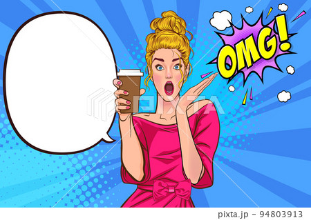 surprised Beautiful young woman show drink beverage coffee 14 94803913