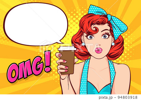 surprised Beautiful young woman show drink beverage coffee 18 94803918