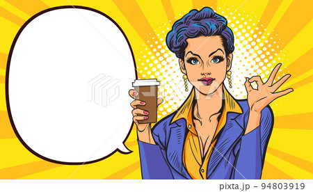 surprised Beautiful young woman show drink beverage coffee 19 94803919