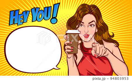surprised Beautiful young woman show drink beverage coffee 48 94803953