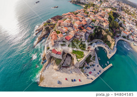 Amazing view on Ulcinj town in Montenegro. Clock Tower of Ulcinj Sahat Kulla. Lami Mosque. Ulcinj is a popular tourist destination in the summer on the southern Adriatic coast of Montenegro. Ulqin 94804585