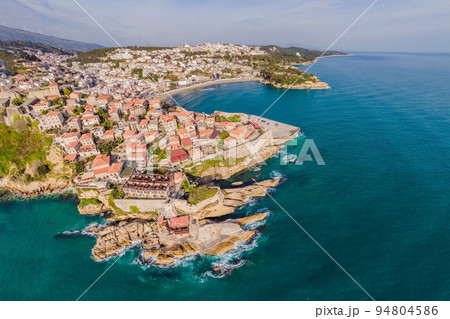 Amazing view on Ulcinj town in Montenegro. Clock Tower of Ulcinj Sahat Kulla. Lami Mosque. Ulcinj is a popular tourist destination in the summer on the southern Adriatic coast of Montenegro. Ulqin Amazing view on Ulcinj town in Montenegro. Clock Tower of Ulcinj Sahat Kulla. Lami Mosque. Ulcinj is a popular tourist destination in the summer on the southern Adriatic coast of Montenegro. Ulqin 94804586