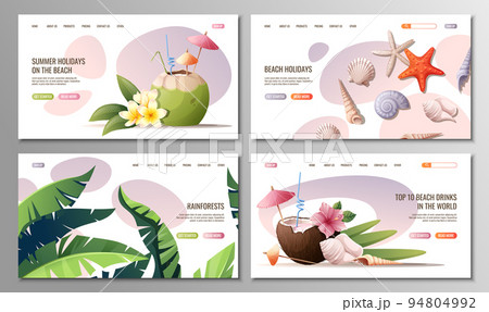 Web page template with beach cocktails, palm trees, seashells.Concept for web banner and landing page.Beach theme, tropical vacation. Web page template with beach cocktails, palm trees, seashells.Concept for web banner and landing page.Beach theme, tropical vacation. 94804992