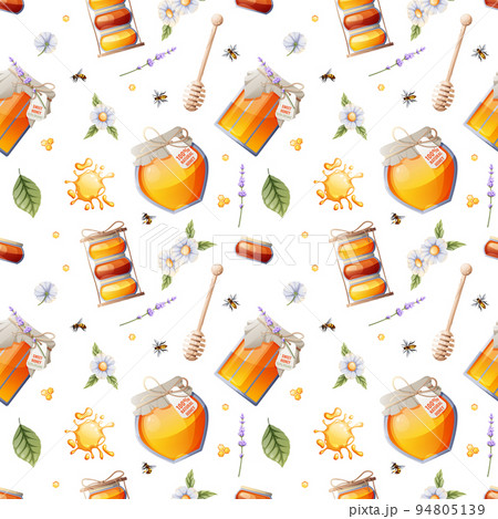 Seamless pattern with honey jar, wooden spoon, flowers and bees. Suitable for textiles, wrapping paper, wallpapers. Honey shop, healthy natural product. 94805139