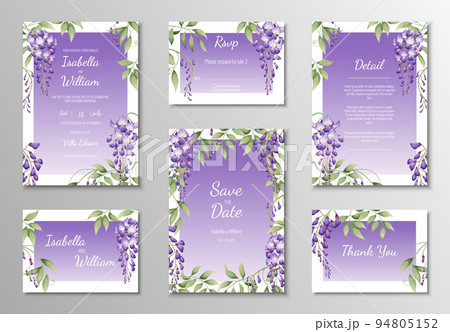 Set of wedding templates, banners, invitations for the holiday.Beautiful postcard decor with purple wisteria 94805152