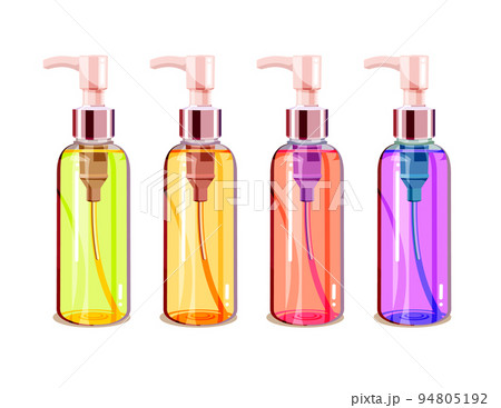 Set of colorful cosmetic glass bottles with doser isolated on white background. Flat cartoon vector illustration for poster, web design, banner, card, flyer, icon, logo or badge. Set of colorful cosmetic glass bottles with doser isolated on white background. Flat cartoon vector illustration for poster, web design, banner, card, flyer, icon, logo or badge. 94805192