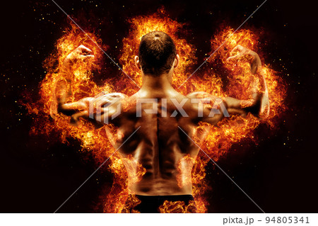 Burning muscular male bodybuilder back Burning muscular male bodybuilder back 94805341