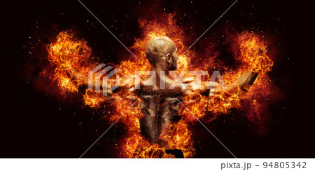 Burning muscular male bodybuilder back Burning muscular male bodybuilder back 94805342