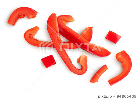 slices of red sweet bell pepper isolated on white background. Top view. Flat lay 94805409