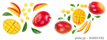 Mango fruit half with slices isolated on white background. Set or collection. Top view. Flat lay 94805492