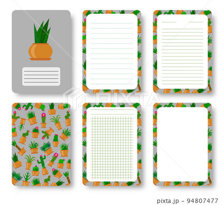 Cactus notebook cover and lined pages set. Succulent in pot pattern with copy space gridded sheet template for annual notepad brochure copybook diary. Green houseplant planner booklet journal print Cactus notebook cover and lined pages set. Succulent in pot pattern with copy space gridded sheet template for annual notepad brochure copybook diary. Green houseplant planner booklet journal print 94807477