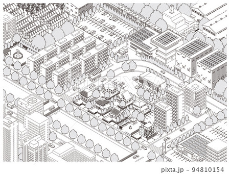 街並みの立体図. 都市の景観. 線画のイラスト. 94810154