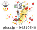 秋の奈良県の観光地のシンプル線画イラストマップ 94810640