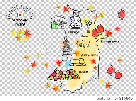 Simple line drawing illustration map of tourist spots in Nara Prefecture in autumn 94810640