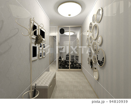 3D illustration of the interior design of the hallway. 3D rendering of the interior in a traditional modern style 3D illustration of the interior design of the hallway. 3D rendering of the interior in a traditional modern style 94810939