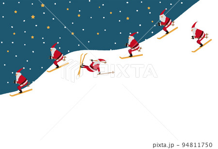 雪の夜に雪山でスキーをするサンタクロース達のイラスト 94811750