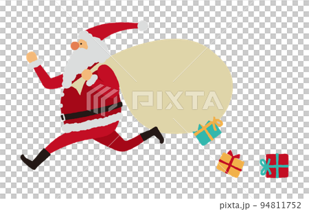 Illustration of Santa Claus running while dropping presents from his bag 94811752
