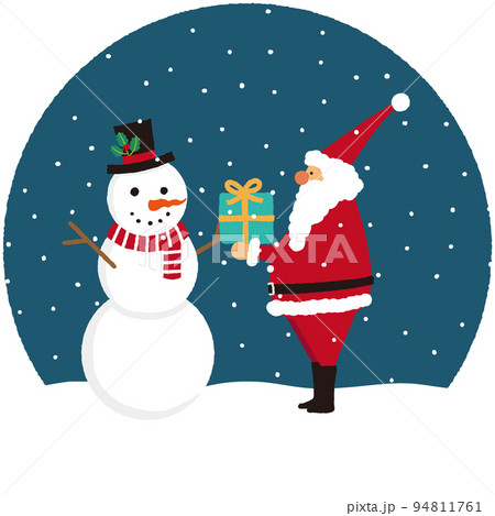 雪の夜に雪だるまにプレゼントを渡すサンタクロースのイラスト 雪の夜に雪だるまにプレゼントを渡すサンタクロースのイラスト 94811761