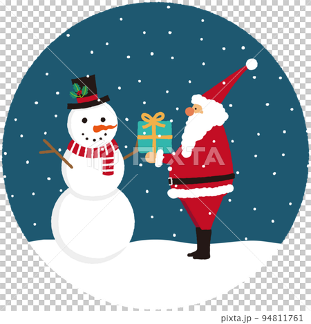 雪の夜に雪だるまにプレゼントを渡すサンタクロースのイラスト 雪の夜に雪だるまにプレゼントを渡すサンタクロースのイラスト 94811761
