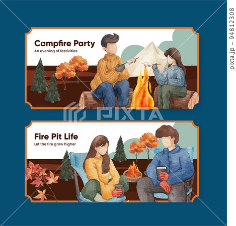 Ticket template with bonfire party concept,watercolor style Ticket template with bonfire party concept,watercolor style 94812308