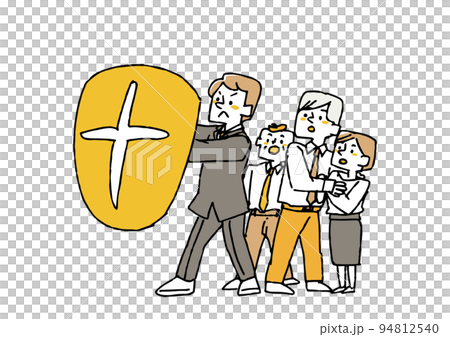 Businessman protecting his colleague with a shield Comical handwritten character Businessman protecting his colleague with a shield Comical handwritten character 94812540