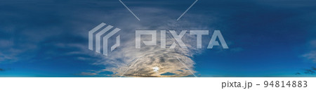 Blue sky with Cirrus clouds Seamless panorama in spherical equirectangular format. Complete zenith for use in 3D graphics, game and for composites in aerial drone 360 degree panoramas as a sky dome 94814883