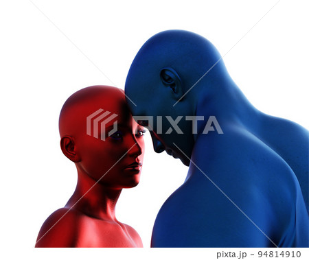 3d render. Portrait of blue bald man and red bald woman on white background. 3d render. Portrait of blue bald man and red bald woman on white background. 94814910