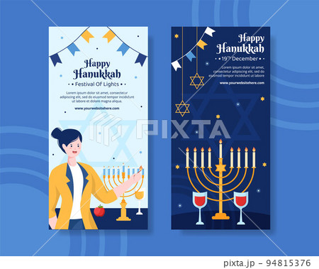 Happy Hanukkah Jewish Holiday Vertical Banner Template Hand Drawn Cartoon Flat Illustration 94815376