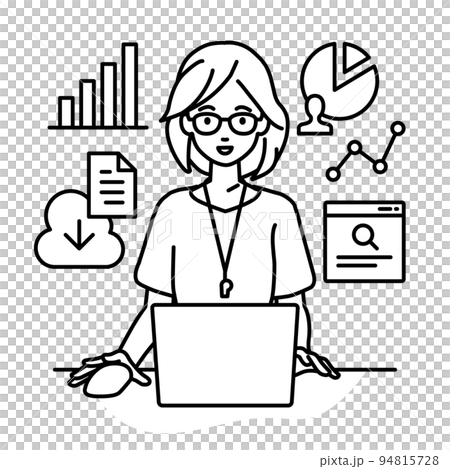 一位女教師在辦公桌前的電腦前進行研究、數據分析和報告寫作 94815728