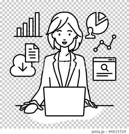 一位穿著西裝的女士在辦公桌前的電腦前做研究、數據分析和寫報告 94815729