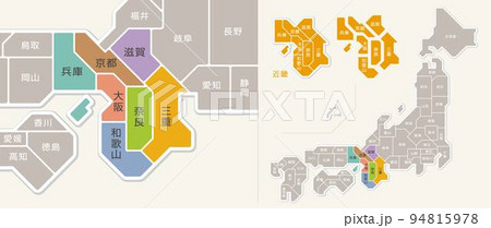 日本地図 近畿地方 色分け 都道府県名入りのイラスト素材