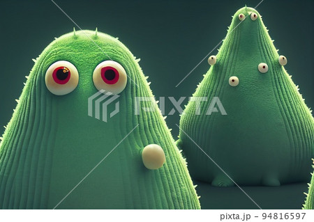 Funny ugly bacteria characters. Comic virus creature microbe colony under microscope. Green alien germ monster with many eyes. Pixar style, digital art, depth of field. Medicine and health risk Funny ugly bacteria characters. Comic virus creature microbe colony under microscope. Green alien germ monster with many eyes. Pixar style, digital art, depth of field. Medicine and health risk 94816597
