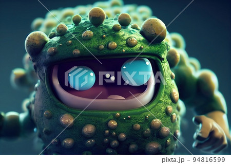 Angry bacteria character with ugly face under microscope. Viral infection with crazy mad facial expression attacking human health and body. Digital art portrait, selective focus Angry bacteria character with ugly face under microscope. Viral infection with crazy mad facial expression attacking human health and body. Digital art portrait, selective focus 94816599