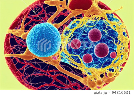 Cancer disease outbreak and dangerous strain. Malignant or benign tumor growth inside human organism. Organ nucleus attacked by metastasis particle under microscope magnification Cancer disease outbreak and dangerous strain. Malignant or benign tumor growth inside human organism. Organ nucleus attacked by metastasis particle under microscope magnification 94816631