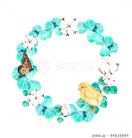 watercolor cotton and eucalyptus branch. Watercolor illustration set of butterfly fire wreath yellow cute chick on isolated white background, hand drawn. watercolor cotton and eucalyptus branch. Watercolor illustration set of butterfly fire wreath yellow cute chick on isolated white background, hand drawn. 94816664