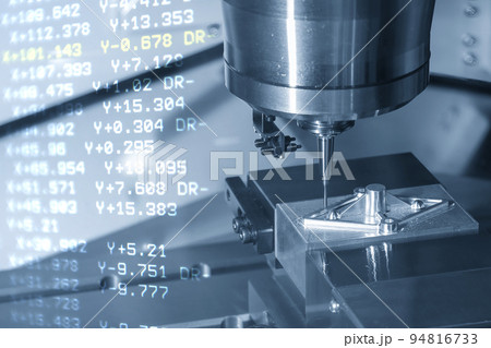 Abstract scene of the CNC milling machine and G-code data background. 94816733