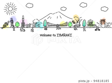 茨城県の観光地の街並みと人々のシンプル線画イラスト	 94818185