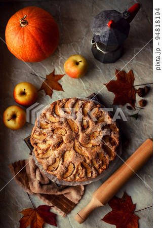Homemade apple pie on a white background, top view, copy space 94818194