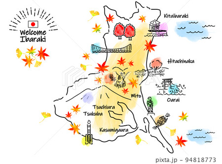秋の茨城県の観光地のシンプル線画イラストマップ 94818773