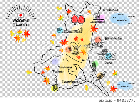 Simple line drawing illustration map of tourist spots in Ibaraki prefecture in autumn 94818773