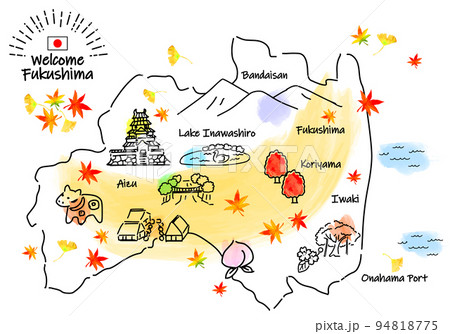 秋の福島県の観光地のシンプル線画イラストマップ