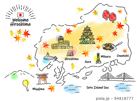 秋の広島県の観光地のシンプル線画イラストマップ 94818777