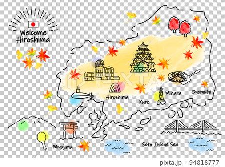 秋の広島県の観光地のシンプル線画イラストマップ 94818777