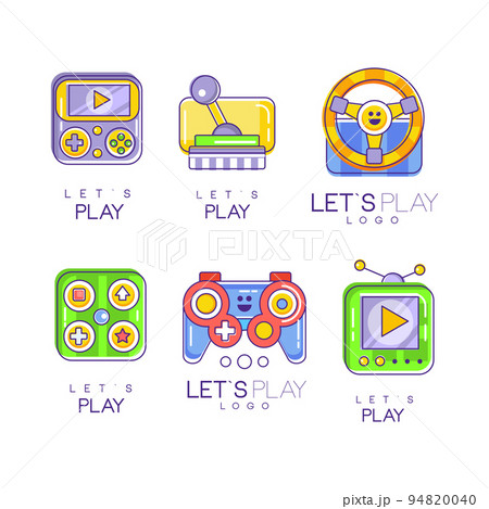 Lets play logo design set. Gaming controller, gamepad badges for initial esport tournament, cyber sport, electronic device store vector illustration 94820040