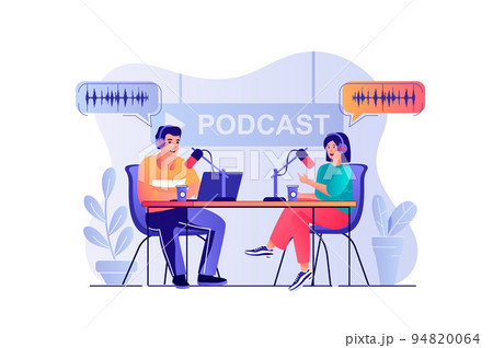 Podcast streaming concept with people scene. Woman and man speaking into microphone and broadcasting live at studio. Host talking with guest. Vector illustration with characters in flat design for web 94820064