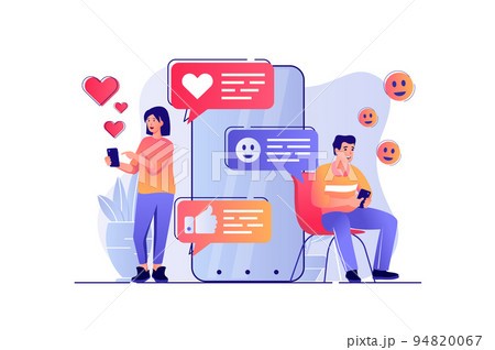 Social network concept with people scene. Woman and man writing messages, chatting, dating, browsing news feed, posts and likes in app. Vector illustration with characters in flat design for web 94820067
